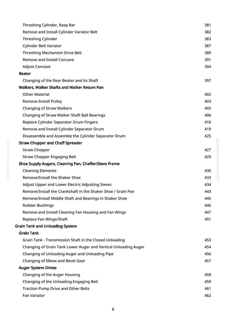 May include: A detailed contents page from a manual, listing components and procedures for agricultural machinery. The text includes terms like "Threshing Cylinder," "Straw Chopper," and "Grain Tank," with corresponding page numbers.