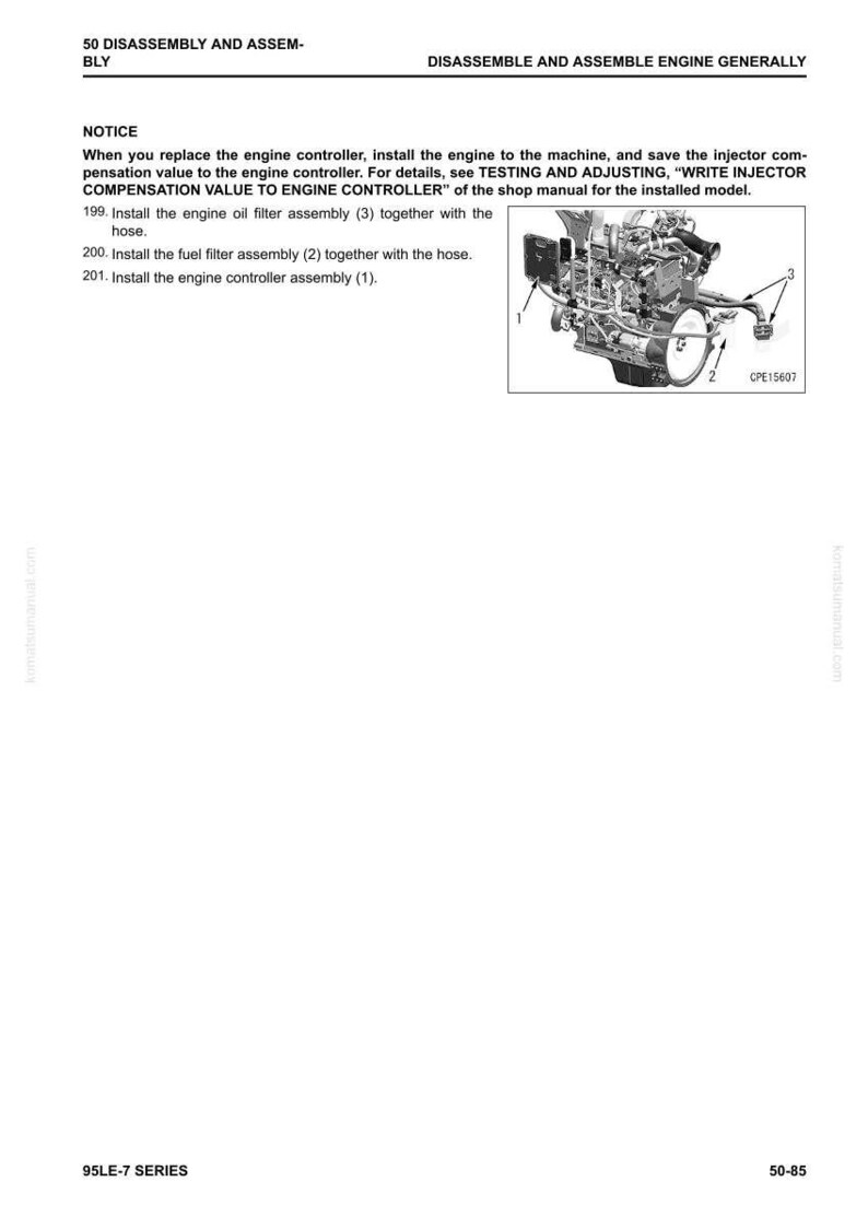 Pode incluir: Uma p&aacute;gina de manual intitulada "50 DESMONTAGEM E MONTAGEM" com instru&ccedil;&otilde;es sobre a montagem do motor. Inclui um diagrama de um motor com pe&ccedil;as numeradas e o texto "ESCREVER VALOR DE COMPENSA&Ccedil;&Atilde;O DO INJETOR".
