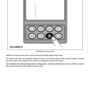 May include: Diagram of a control panel with buttons and a display screen. The text "Limited System Beep Mode" is at the top. The image includes the text "ZX1049810" and "ZX1049810-UN: Enter Switch".