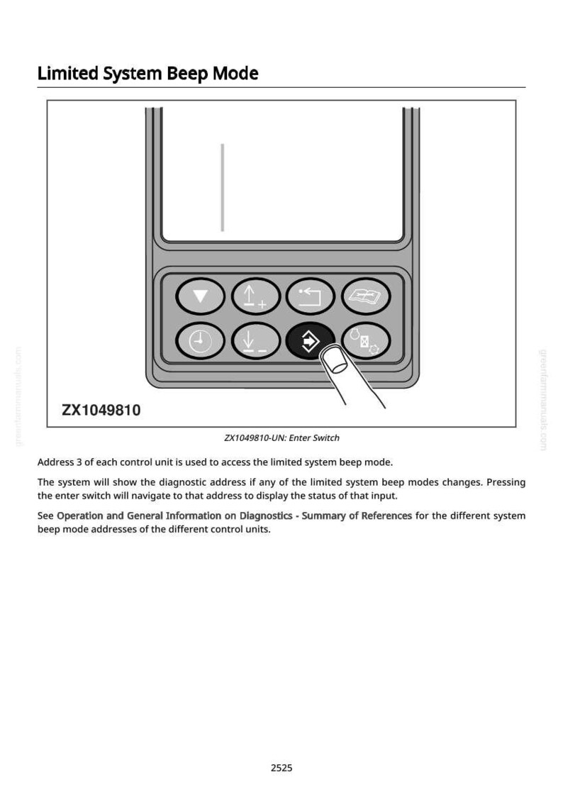 May include: Diagram of a control panel with buttons and a display screen. The text "Limited System Beep Mode" is at the top. The image includes the text "ZX1049810" and "ZX1049810-UN: Enter Switch".