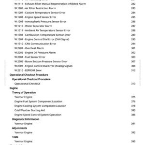 Pu&ograve; includere: Una pagina bianca con un elenco di codici di errore del motore e informazioni diagnostiche. Il testo include codici come W:1107, W:1208 e W:2304, con descrizioni come "Errore sensore velocit&agrave; motore" e "Errore sensore carburante".