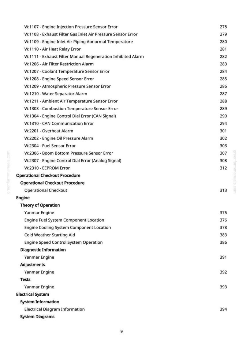 Pu&ograve; includere: Una pagina bianca con un elenco di codici di errore del motore e informazioni diagnostiche. Il testo include codici come W:1107, W:1208 e W:2304, con descrizioni come "Errore sensore velocit&agrave; motore" e "Errore sensore carburante".