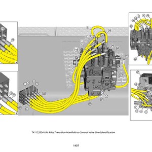 May include: Diagram of a pilot transition manifold-to-control valve line identification system. The system features multiple grey blocks connected by yellow tubes. The diagram includes labels and the text "TX1123534-UN: Pilot Transition Manifold-to-Control Valve Line Identification".