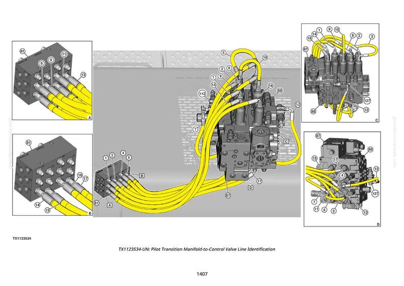 May include: Diagram of a pilot transition manifold-to-control valve line identification system. The system features multiple grey blocks connected by yellow tubes. The diagram includes labels and the text "TX1123534-UN: Pilot Transition Manifold-to-Control Valve Line Identification".