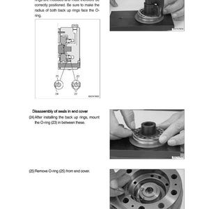 May include: Technical diagrams and photographs showing the installation and disassembly of seals on a balance plate and end cover. The images show hands working with mechanical components, including O-rings and backup rings, with accompanying text.