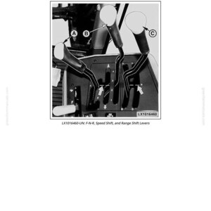 May include: Diagram of a shift console with three levers and text indicating adjustment instructions. The image includes labels A, B, and C, and the text "LX1016460-UN: F-N-R, Speed Shift, and Range Shift Levers."