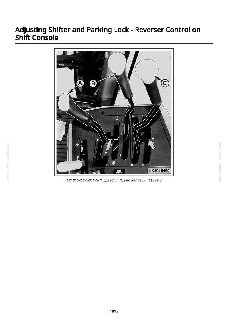 May include: Diagram of a shift console with three levers and text indicating adjustment instructions. The image includes labels A, B, and C, and the text "LX1016460-UN: F-N-R, Speed Shift, and Range Shift Levers."