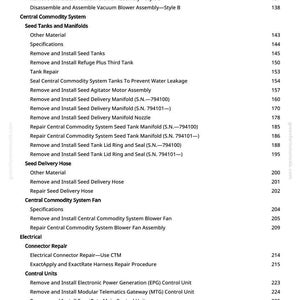 May include: A detailed parts list from greenfarmmanuals.com, including vacuum blowers, seed tanks, and control units. The text is black on white, with page numbers on the right-hand side.