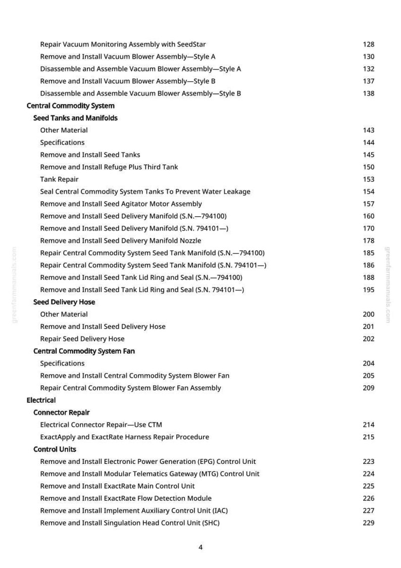 May include: A detailed parts list from greenfarmmanuals.com, including vacuum blowers, seed tanks, and control units. The text is black on white, with page numbers on the right-hand side.