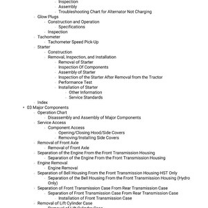 Op de afbeelding: Een witte pagina met een gedetailleerde inhoudsopgave voor een mechanische reparatiehandleiding. De onderwerpen omvatten dynamo, gloeibougies, toerenteller, startmotor en motoronderdelen. De tekst is zwart.