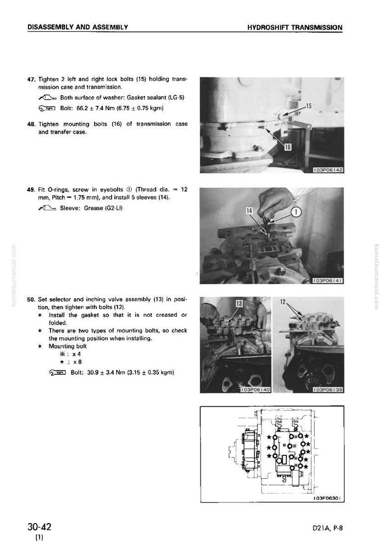 May include: A page from a manual detailing the disassembly and assembly of a Hydroshift transmission. The page includes diagrams, measurements in Nm and kgm, and instructions for tightening bolts and installing components.