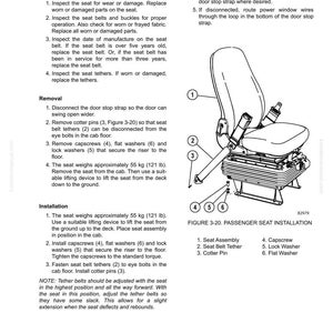 K&ouml;nnte beinhalten: Diagramm zur Installation eines Beifahrersitzes, einschlie&szlig;lich Sitzbaugruppe, Sicherheitsgurtbefestigung, Splint, Kapschraube, Sicherungsscheibe und Flachscheibe. Der Sitz wiegt ca. 55 kg. Anweisungen umfassen Inspektion, Ausbau und Einbau.