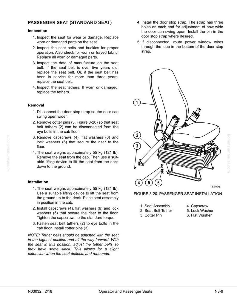 K&ouml;nnte beinhalten: Diagramm zur Installation eines Beifahrersitzes, einschlie&szlig;lich Sitzbaugruppe, Sicherheitsgurtbefestigung, Splint, Kapschraube, Sicherungsscheibe und Flachscheibe. Der Sitz wiegt ca. 55 kg. Anweisungen umfassen Inspektion, Ausbau und Einbau.