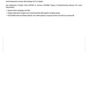 Op de afbeelding: Een pagina uit een probleemoplossingshandleiding met de titel "Brandstoftemperatuursensorfout (Hoge spanning)". De tekst bevat diagnostische informatie, systeemalarminformatie en details over de werking van de motor. Het paginanummer is 135.