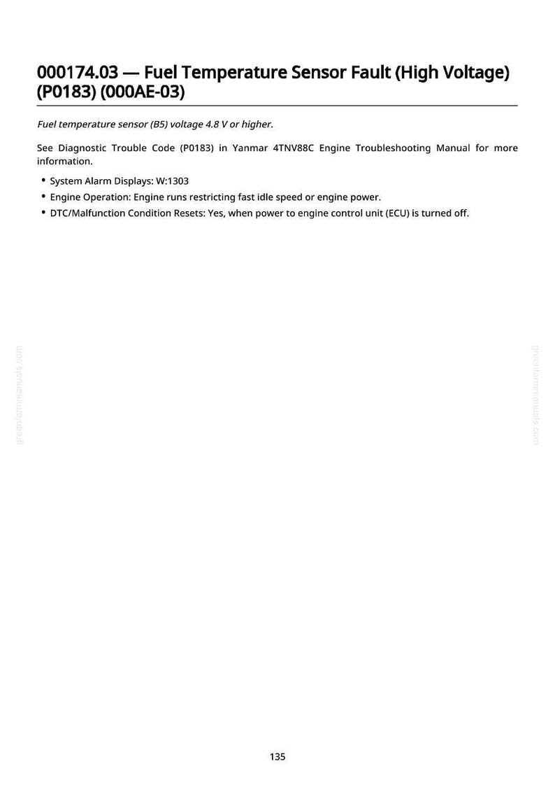 Op de afbeelding: Een pagina uit een probleemoplossingshandleiding met de titel "Brandstoftemperatuursensorfout (Hoge spanning)". De tekst bevat diagnostische informatie, systeemalarminformatie en details over de werking van de motor. Het paginanummer is 135.