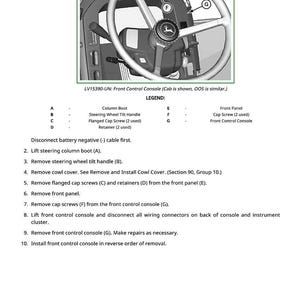 May include: Diagram of a tractor cab's front control console, including the steering wheel and surrounding components. The image includes a parts list with labels A to G, and instructions for removal and installation.