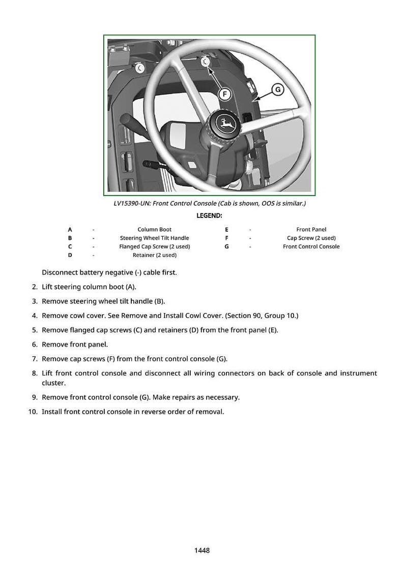 May include: Diagram of a tractor cab's front control console, including the steering wheel and surrounding components. The image includes a parts list with labels A to G, and instructions for removal and installation.