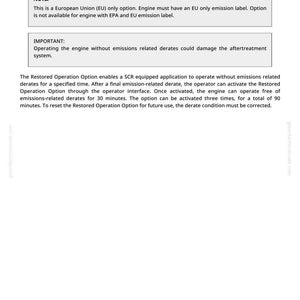 May include: A white document titled "Restored Operation Option" with text detailing engine operation and emission standards. Includes notes on EU-only options and potential damage from improper use. The document also includes the number 422.