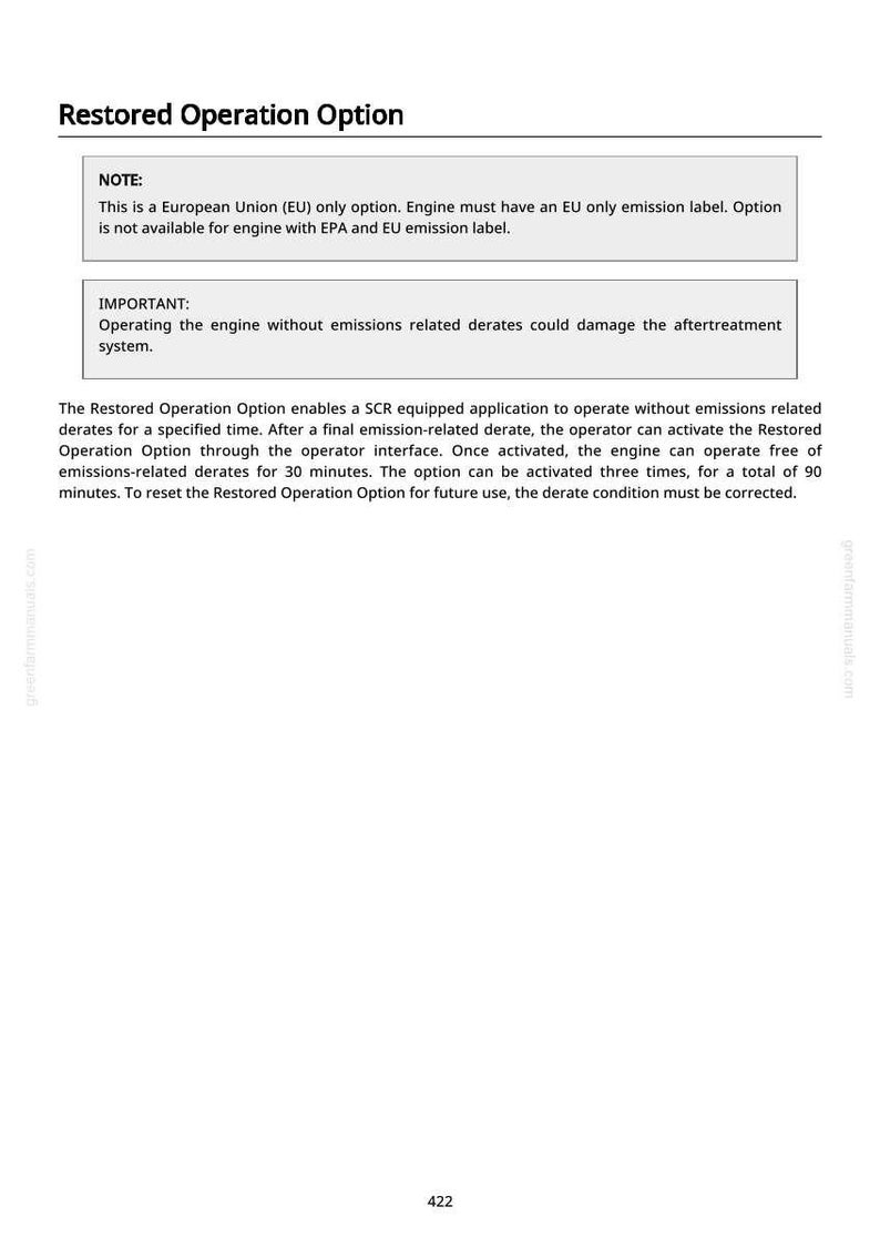 May include: A white document titled "Restored Operation Option" with text detailing engine operation and emission standards. Includes notes on EU-only options and potential damage from improper use. The document also includes the number 422.