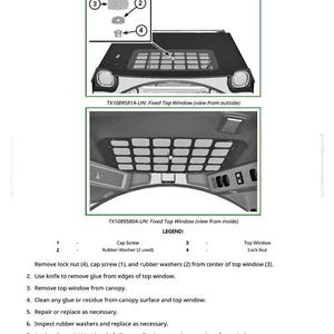 May include: Diagram of a fixed top window assembly, including cap screws, rubber washers, and a lock nut. The image shows the window from both inside and outside views, with a detailed legend and instructions for maintenance.