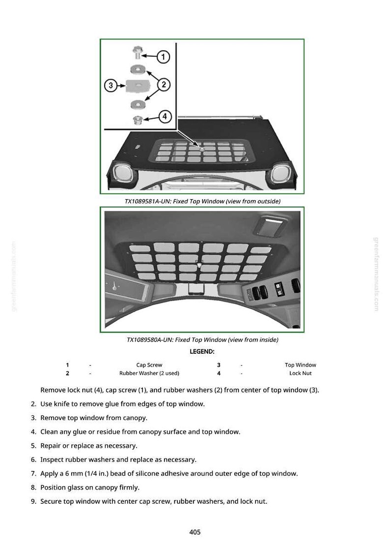 May include: Diagram of a fixed top window assembly, including cap screws, rubber washers, and a lock nut. The image shows the window from both inside and outside views, with a detailed legend and instructions for maintenance.