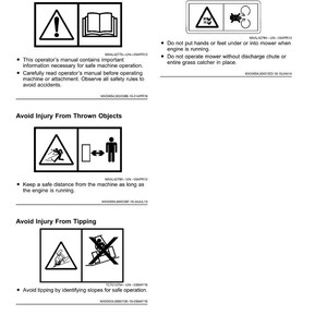 May include: A white page with black text and safety symbols. The page is divided into sections with titles like "Read Operator's Manual" and "Avoid Injury From Rotating Blades." Each section includes a warning symbol and instructions.
