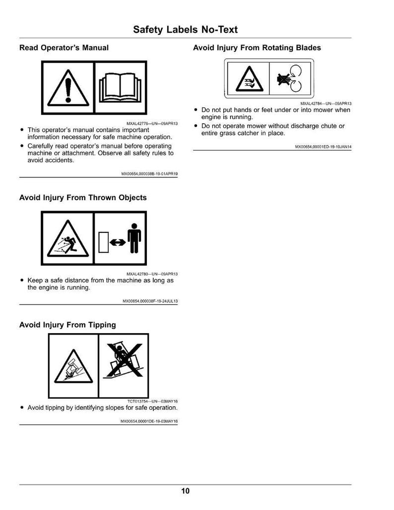May include: A white page with black text and safety symbols. The page is divided into sections with titles like "Read Operator's Manual" and "Avoid Injury From Rotating Blades." Each section includes a warning symbol and instructions.