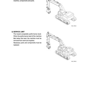 May include: Diagram of two excavators, with text describing terminology and service limits. The excavators are shown in a technical drawing style, with detailed outlines of their components.