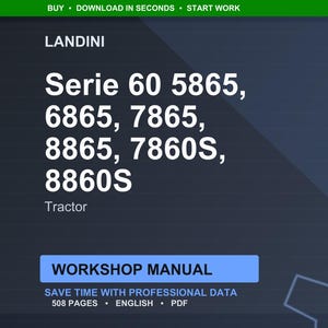 Puede incluir: Gr&aacute;fico azul oscuro con texto blanco. El texto dice "LANDINI Serie 60" seguido de varios n&uacute;meros de modelo de tractor. Debajo de los n&uacute;meros de modelo est&aacute; la palabra "Tractor". Un rect&aacute;ngulo azul indica "WORKSHOP MANUAL".
