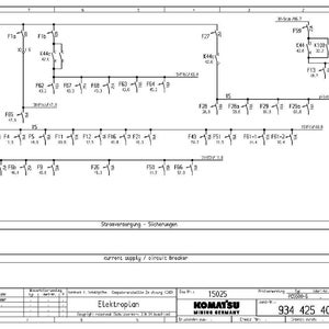 Peut inclure: Un sch&eacute;ma &eacute;lectrique d&eacute;taill&eacute; avec des lignes, des symboles et du texte. Le sch&eacute;ma comprend des &eacute;tiquettes telles que "current supply / circuit breaker" et "Elektroplan". Le logo Komatsu Mining Germany est visible.