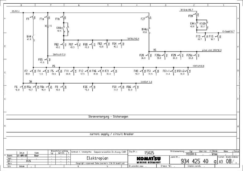 Peut inclure: Un sch&eacute;ma &eacute;lectrique d&eacute;taill&eacute; avec des lignes, des symboles et du texte. Le sch&eacute;ma comprend des &eacute;tiquettes telles que "current supply / circuit breaker" et "Elektroplan". Le logo Komatsu Mining Germany est visible.
