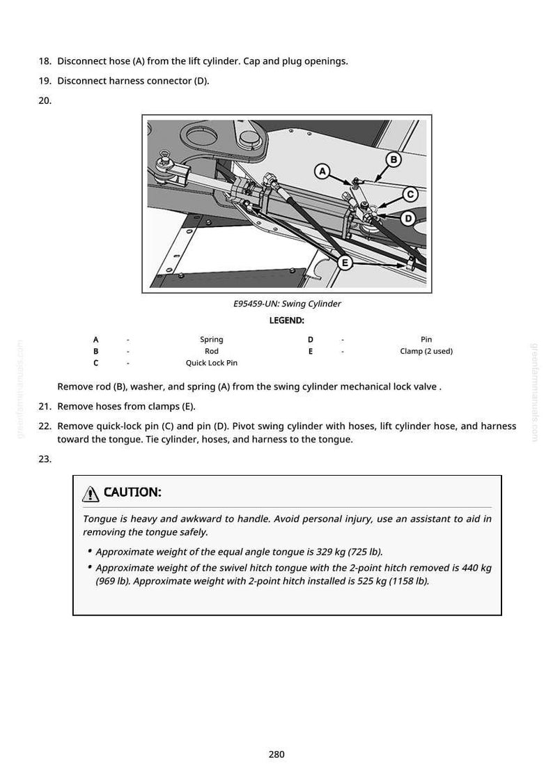 May include: Diagram of a swing cylinder with labeled parts A, B, C, D, and E. Text includes instructions for disconnecting hoses and connectors, and a caution about the tongue's weight, which is approximately 725 lbs.