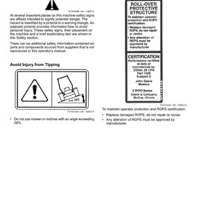 May include: A page from an operator's manual titled "Safety Labels." It includes pictorial safety signs with warnings about potential dangers and instructions to avoid injury from tipping, with a maximum incline of 28%. Also includes information about the roll-over protective structure.