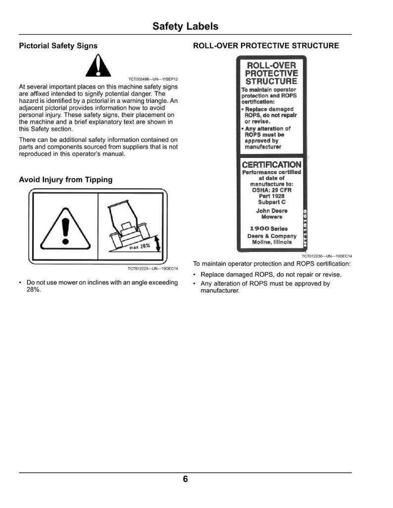 May include: A page from an operator's manual titled "Safety Labels." It includes pictorial safety signs with warnings about potential dangers and instructions to avoid injury from tipping, with a maximum incline of 28%. Also includes information about the roll-over protective structure.