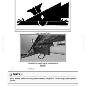 May include: Diagram from a manual illustrating the removal and installation of a header height sensor. Includes a risk of injury warning and a caution about using a safety stop on the cutting platform. Text includes "Remove and Install Header Height Sensor".