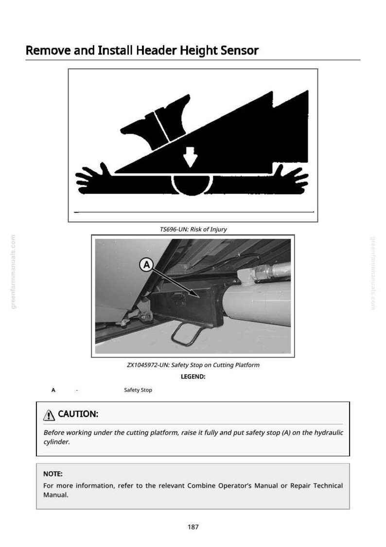 May include: Diagram from a manual illustrating the removal and installation of a header height sensor. Includes a risk of injury warning and a caution about using a safety stop on the cutting platform. Text includes "Remove and Install Header Height Sensor".
