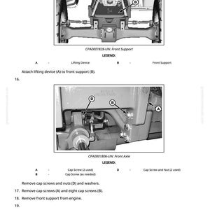 May include: Diagram of tractor components, including a lifting device and front support, with labels A and B. The image also shows a front axle with cap screws and nuts, labeled A, B, and D. Text instructions detail the removal of screws and support.