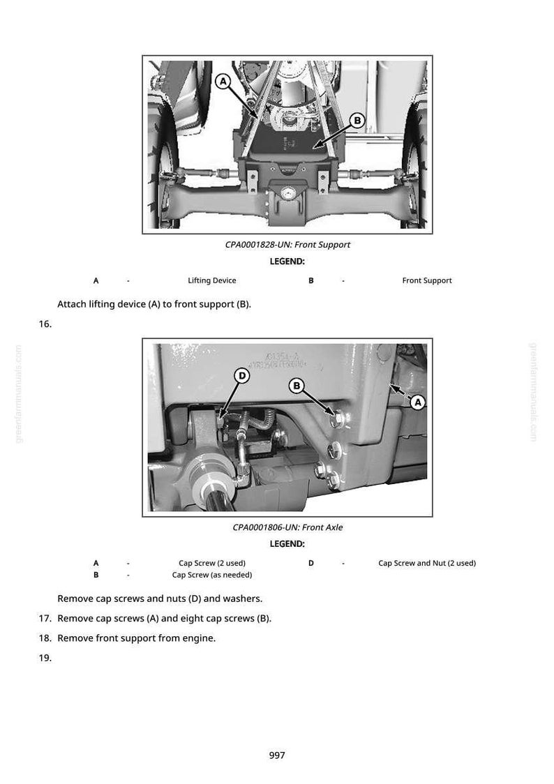 May include: Diagram of tractor components, including a lifting device and front support, with labels A and B. The image also shows a front axle with cap screws and nuts, labeled A, B, and D. Text instructions detail the removal of screws and support.