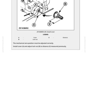 May include: Diagram of mechanical components with labels A, B, and X. The text reads "ZX1038092-UN: Install cover." Instructions include adjusting a lock nut to a specified distance. The image is a technical illustration.