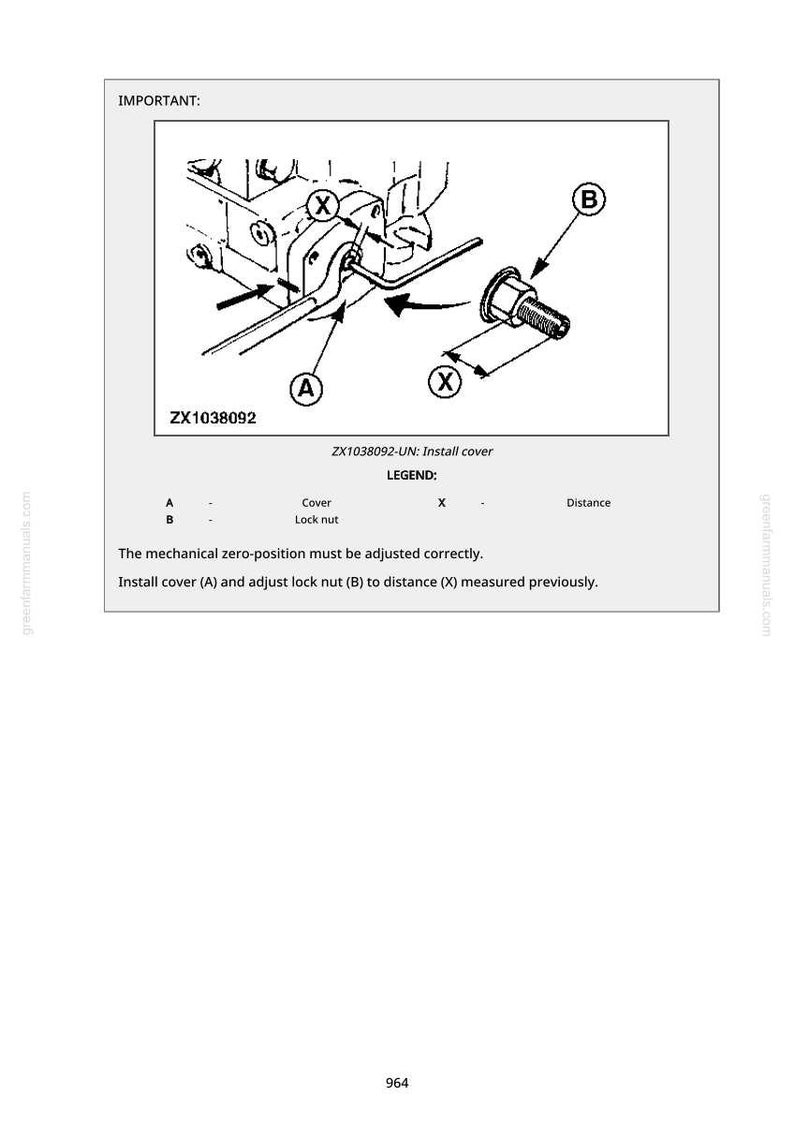 May include: Diagram of mechanical components with labels A, B, and X. The text reads "ZX1038092-UN: Install cover." Instructions include adjusting a lock nut to a specified distance. The image is a technical illustration.