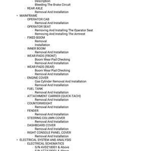 May include: A detailed list of mechanical and electrical system procedures, including removal and installation instructions for various components like the driveshaft, brake, and engine cover. The document also includes electrical schematics and a glossary of symbols.