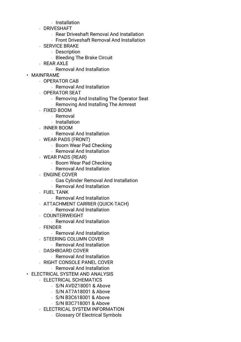 May include: A detailed list of mechanical and electrical system procedures, including removal and installation instructions for various components like the driveshaft, brake, and engine cover. The document also includes electrical schematics and a glossary of symbols.