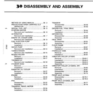 Puede incluir: Una p&aacute;gina en blanco y negro detallada de un manual titulado "30 DESMONTAJE Y MONTAJE". Enumera varios componentes como el motor, el radiador y el dep&oacute;sito hidr&aacute;ulico, con las instrucciones de extracci&oacute;n e instalaci&oacute;n correspondientes.