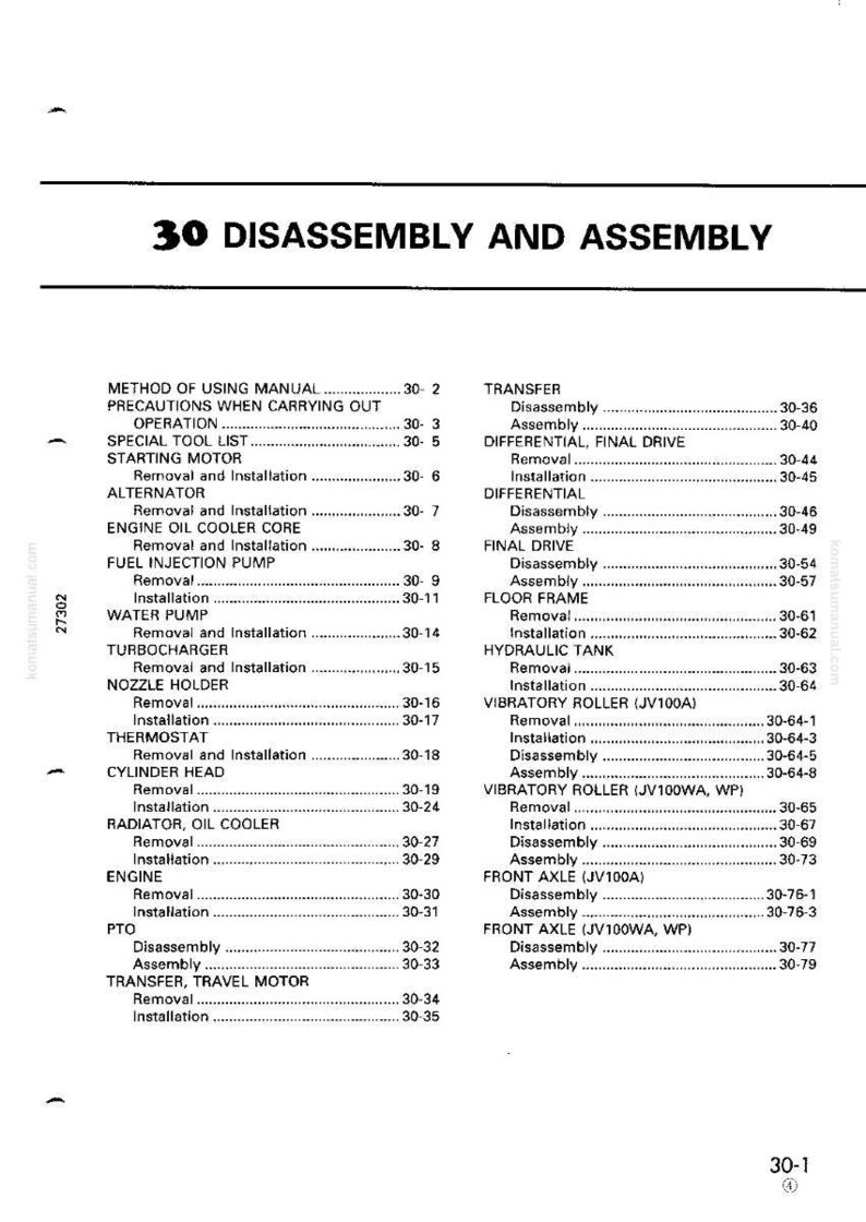Puede incluir: Una p&aacute;gina en blanco y negro detallada de un manual titulado "30 DESMONTAJE Y MONTAJE". Enumera varios componentes como el motor, el radiador y el dep&oacute;sito hidr&aacute;ulico, con las instrucciones de extracci&oacute;n e instalaci&oacute;n correspondientes.