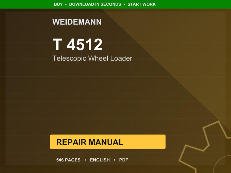 Puede incluir: Un manual de reparaci&oacute;n digital para una cargadora telesc&oacute;pica Weidemann T 4512. La portada es un degradado de marr&oacute;n y dorado con el texto "REPAIR MANUAL" en un rect&aacute;ngulo amarillo. El manual tiene 546 p&aacute;ginas y est&aacute; en ingl&eacute;s.