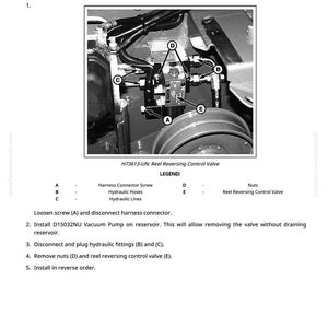 May include: Diagram of a reel reversing control valve with labels A through E, and a legend. The image is a black and white technical illustration with text instructions for removal and installation.