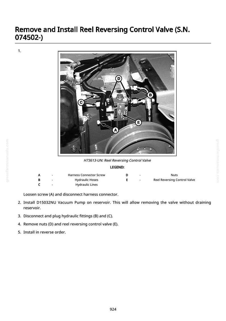 May include: Diagram of a reel reversing control valve with labels A through E, and a legend. The image is a black and white technical illustration with text instructions for removal and installation.