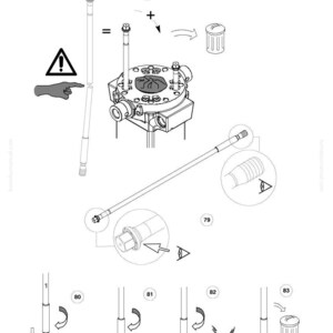 K&ouml;nnte beinhalten: Eine technische Zeichnung mit dem Komatsu-Logo. Das Bild zeigt verschiedene mechanische Komponenten, darunter Stangen, ein zylindrisches Teil und eine zentrale Baugruppe mit mehreren Schrauben. Warnsymbole und das Wort "OK" sind ebenfalls vorhanden.