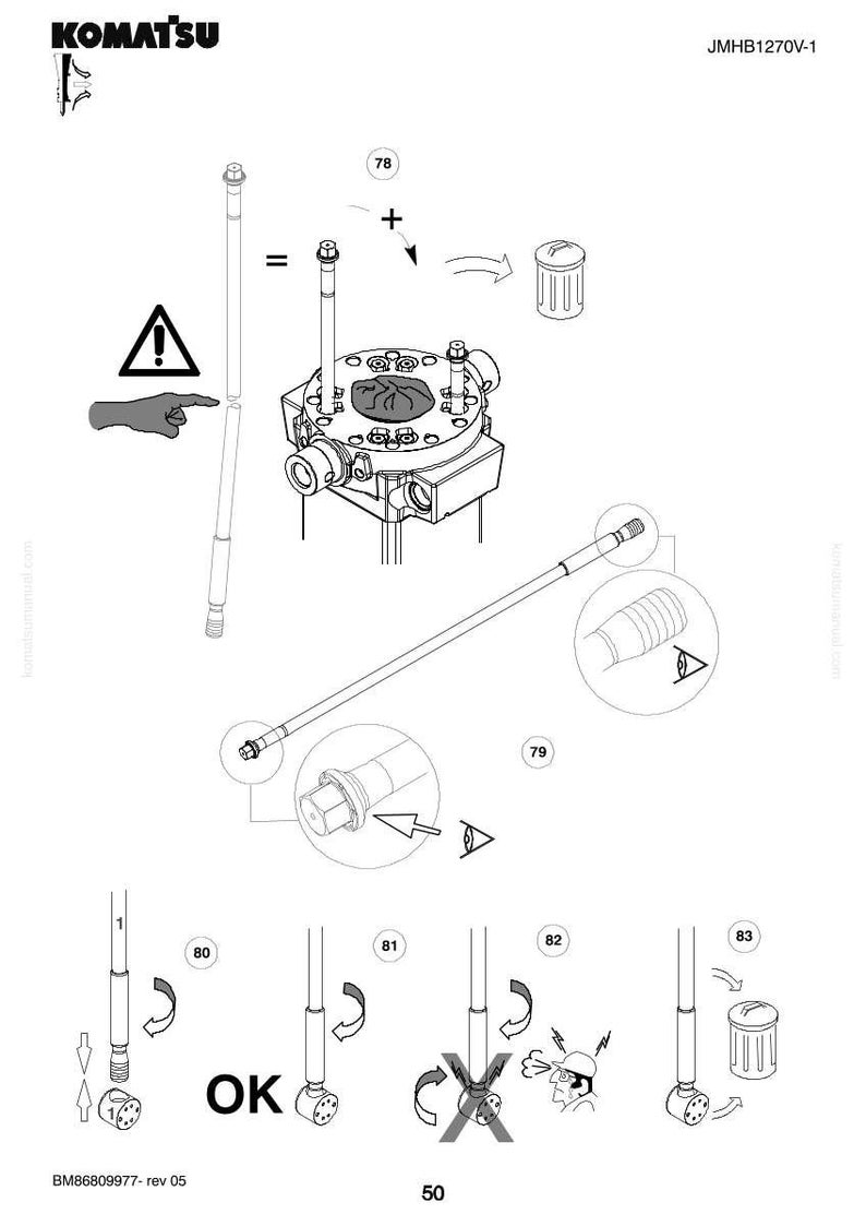 K&ouml;nnte beinhalten: Eine technische Zeichnung mit dem Komatsu-Logo. Das Bild zeigt verschiedene mechanische Komponenten, darunter Stangen, ein zylindrisches Teil und eine zentrale Baugruppe mit mehreren Schrauben. Warnsymbole und das Wort "OK" sind ebenfalls vorhanden.