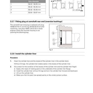 May include: Technical diagram with measurements for engine components. Includes a table with hole diameters in millimeters, and diagrams showing the fitting of plugs and cylinder liners. Text includes instructions for installation.
